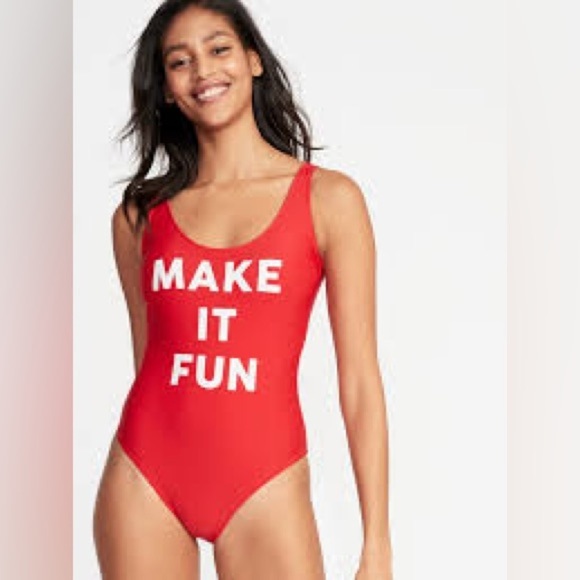 Graphic  “Make It Fun” Red & White Scoop-Back One Piece Swimsuit XL - Picture 2 of 9